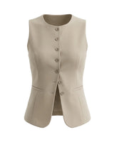 The Alicia vest in khaki — sleeveless tailored button-front vest, product flat-lay