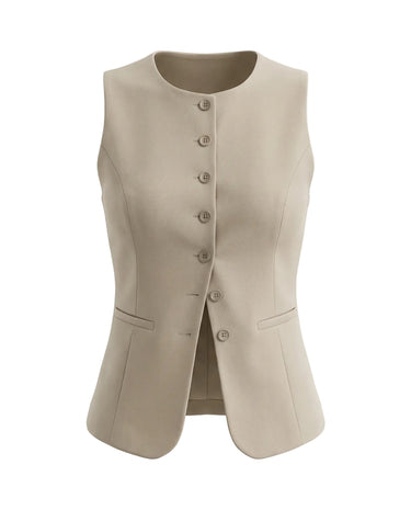 The Alicia vest in khaki — sleeveless tailored button-front vest, product flat-lay