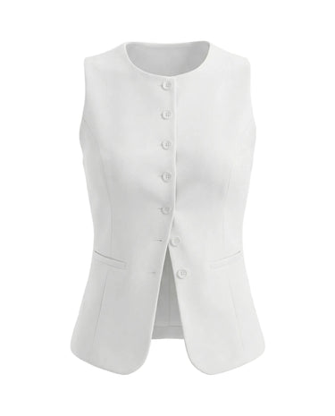 The Alicia vest in white — sleeveless tailored button-front vest, product flat-lay