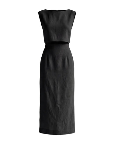 The Alora Linen Blend Set in black — sleeveless boat-neck top and column maxi skirt, product flat-lay