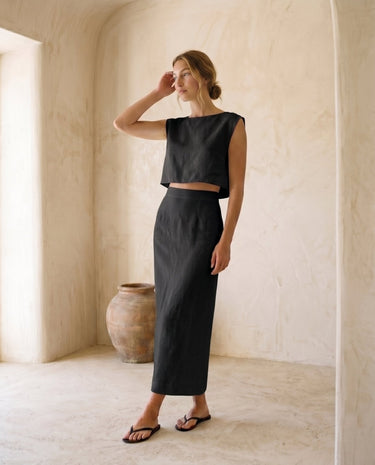 The Alora Linen Blend Set in black — linen-blend two-piece set, front view on model
