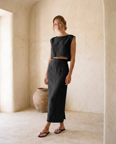 The Alora Linen Blend Set in black — linen-blend two-piece set, front view on model