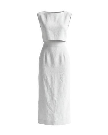 The Alora Linen Blend Set in white — sleeveless boat-neck top and column maxi skirt, product flat-lay