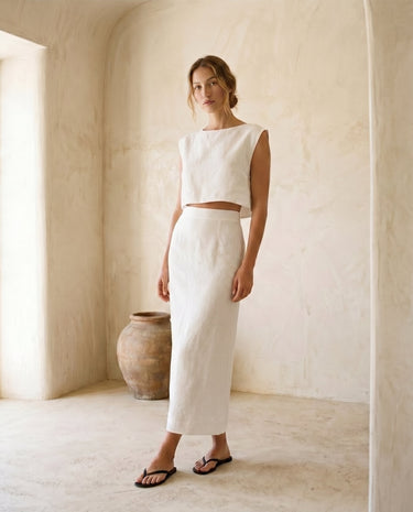 The Alora Linen Blend Set in white — linen-blend two-piece set, front view on model