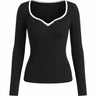 Black ribbed knit top with a contrast-trimmed sweetheart neckline, flat lay on white – Moriel Heritage