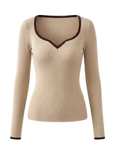 Light beige ribbed knit top with a contrast-trimmed sweetheart neckline, flat lay on white – Moriel Heritage