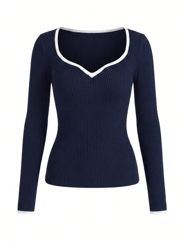 Navy ribbed knit top with a contrast-trimmed sweetheart neckline, flat lay on white – Moriel Heritage