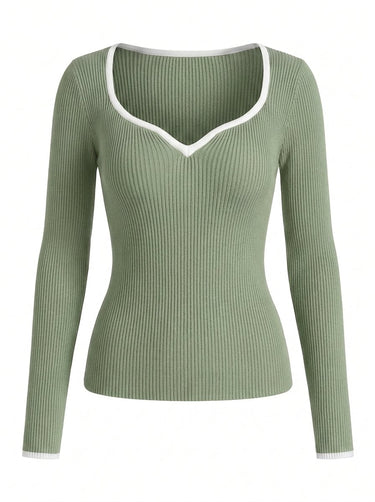 Light green ribbed knit top with a contrast-trimmed sweetheart neckline, flat lay on white – Moriel Heritage