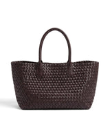 The Amalfi Woven Tote in brown, front view on a pure white studio background showing the oversized basketweave body