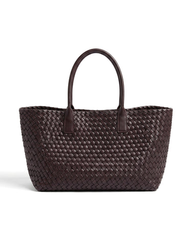 The Amalfi Woven Tote in brown, front view on a pure white studio background showing the oversized basketweave body