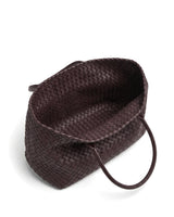 The Amalfi Woven Tote in brown, open top view showing the plain woven leather interior