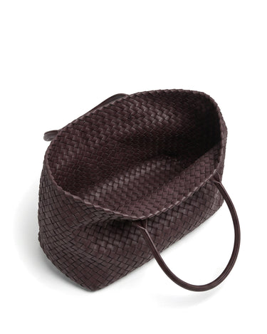 The Amalfi Woven Tote in brown, open top view showing the plain woven leather interior