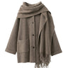 The Aria Scarf Cape Coat in khaki — midi coat with fringed scarf cape detail, product flat-lay