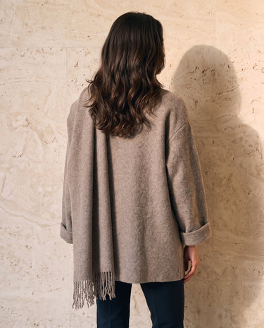 The Aria Scarf Cape Coat in khaki — coat with scarf cape, back view on model