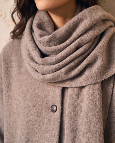 The Aria Scarf Cape Coat in khaki — close-up of scarf cape collar detail
