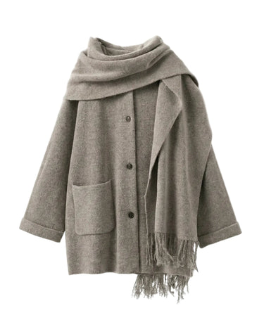The Aria Scarf Cape Coat in taupe — midi coat with fringed scarf cape detail, product flat-lay