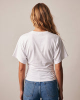 Back view of the white ruched-side tee showing the dolman sleeves – Moriel Heritage