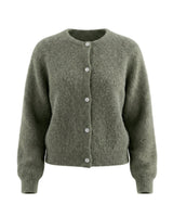 The Arlo Cardigan in olive — soft knit button-front cardigan with rounded neckline, product flat-lay