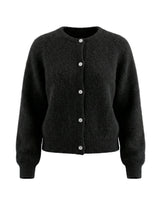 The Arlo Cardigan in black — soft knit button-front cardigan with rounded neckline, product flat-lay