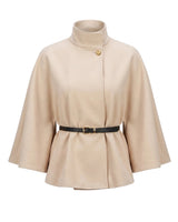The Aurelia Shawl in beige — belted cape with stand collar and gold button, product flat-lay