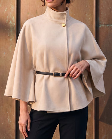 The Aurelia Shawl in beige — front view on model