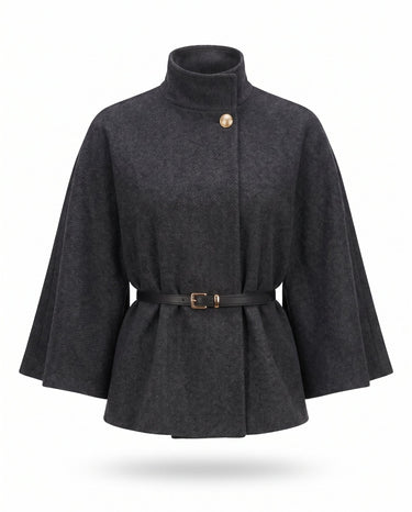 The Aurelia Shawl in black — belted cape with stand collar and gold button, product flat-lay