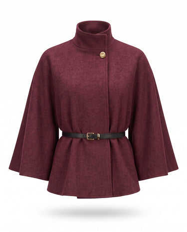 The Aurelia Shawl in burgundy — belted cape with stand collar and gold button, product flat-lay