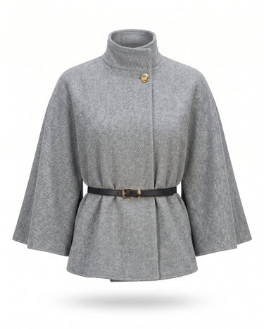 The Aurelia Shawl in gray — belted cape with stand collar and gold button, product flat-lay