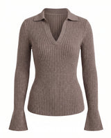 The Avery Knitted Sweater in brown — collared V-neck ribbed knit sweater, product flat-lay