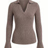 The Avery Knitted Sweater in brown — collared V-neck ribbed knit sweater, product flat-lay