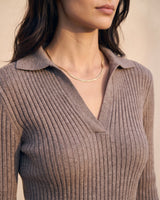 The Avery Knitted Sweater in brown — close-up of the collar and V-neckline