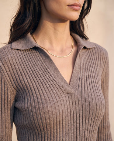 The Avery Knitted Sweater in brown — close-up of the collar and V-neckline