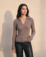 The Avery Knitted Sweater in brown — front view on model