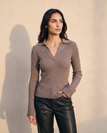 The Avery Knitted Sweater in brown — front view on model