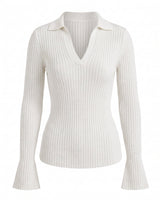 The Avery Knitted Sweater in white — collared V-neck ribbed knit sweater, product flat-lay