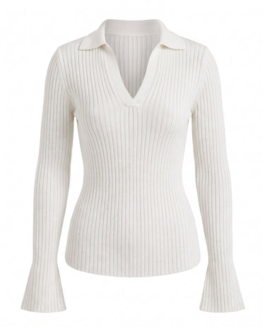 The Avery Knitted Sweater in white — collared V-neck ribbed knit sweater, product flat-lay