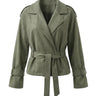 The Avielle Belted Trench in green — belted trench jacket with oversized lapels and tie waist, product flat-lay
