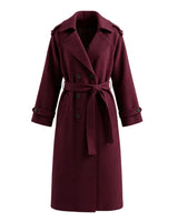 The Burgundy Celine Coat — long double-breasted belted trench coat in burgundy, product flat-lay