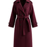 The Burgundy Celine Coat — long double-breasted belted trench coat in burgundy, product flat-lay