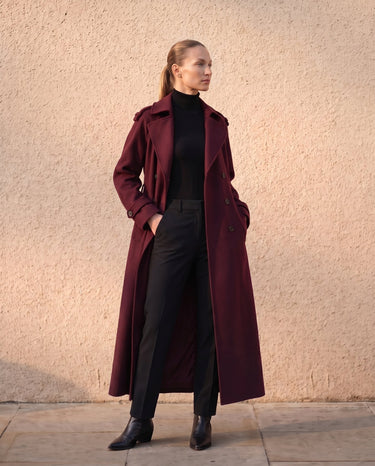 The Burgundy Celine Coat in burgundy — full-length front view on model