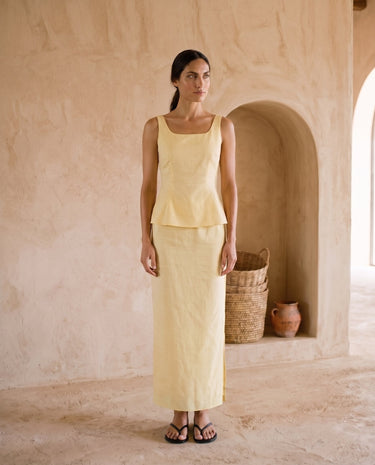 Yellow slim-fit cotton set, view 2 – Moriel Heritage