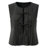 The Cala Cotton Linen Tie Top in black — sleeveless pleated crew-neck top with front bow ties, product flat-lay