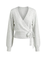 The Calira Wrap Knit in gray — knit wrap top with surplice V neckline and side tie, product flat-lay