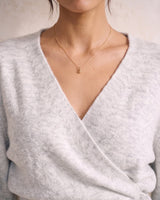 The Calira Wrap Knit in gray — close-up of surplice V neckline and knit texture