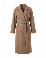 The Calvera double-breasted wool coat in khaki — belted maxi coat with notch collar, product flat-lay
