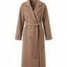 The Calvera double-breasted wool coat in khaki — belted maxi coat with notch collar, product flat-lay