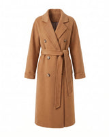 The Calvera double-breasted wool coat in camel — belted maxi coat with notch collar, product flat-lay