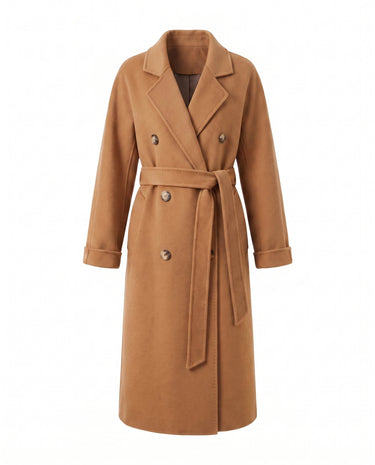 The Calvera double-breasted wool coat in camel — belted maxi coat with notch collar, product flat-lay