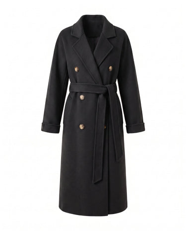 The Calvera double-breasted wool coat in black — belted maxi coat with notch collar, product flat-lay