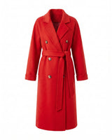 The Calvera double-breasted wool coat in red — belted maxi coat with notch collar, product flat-lay